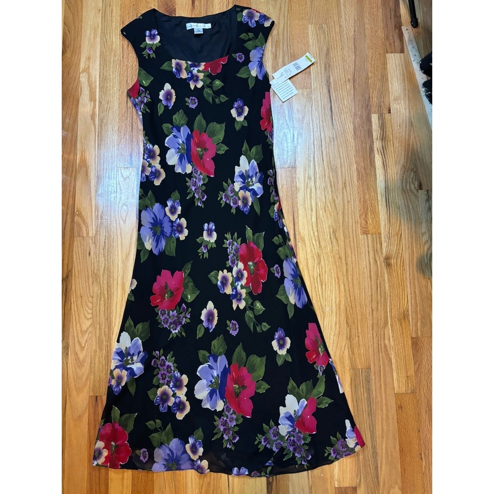 David Warren NY Black Floral Dress Sleeveless Long Multi Color Slip Lining 14 - Picture 3 of 8